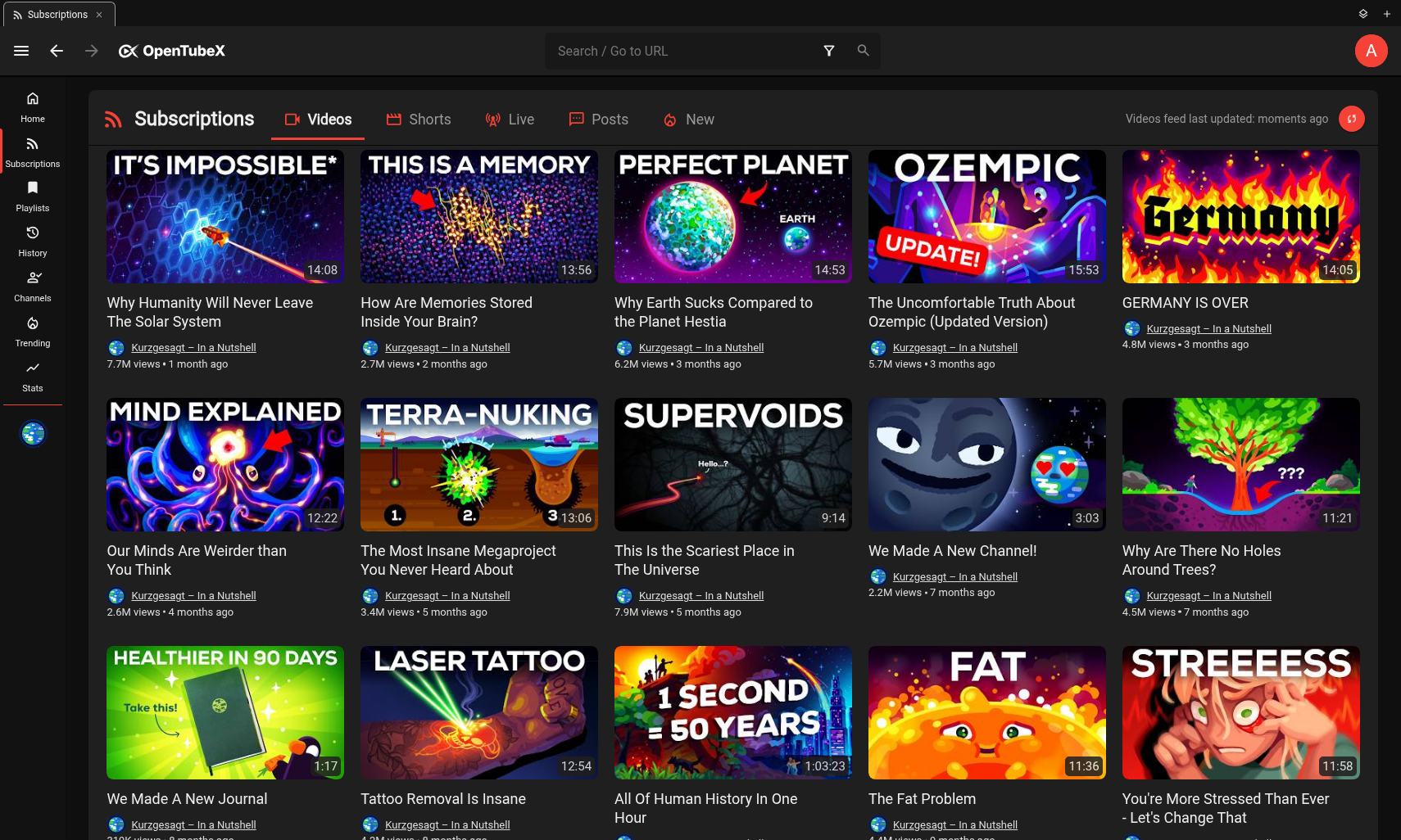 OpenTubeX subscription feed